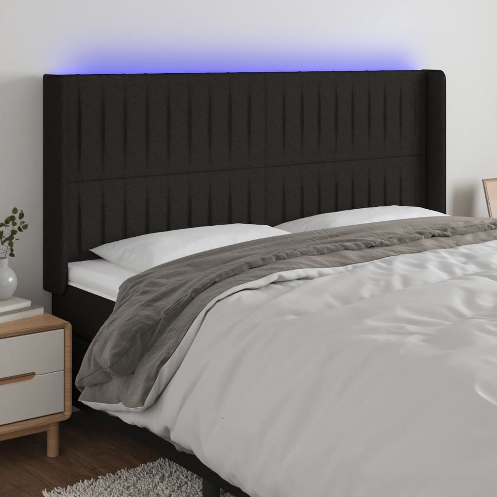 vidaXL Zagłówek do łóżka z LED, czarny, 203x16x118/128 cm, tkanina