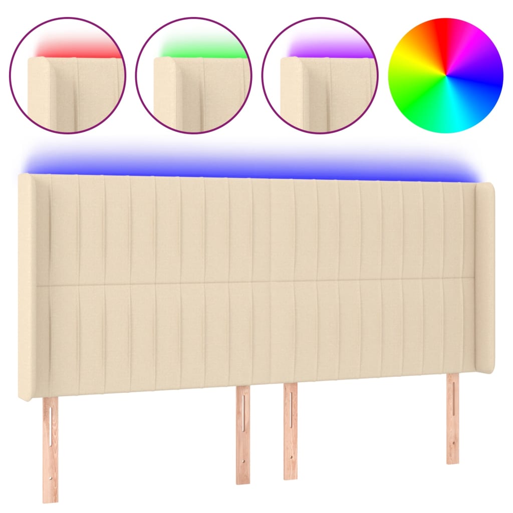 vidaXL Zagłówek do łóżka z LED, kremowy, 203x16x118/128 cm, tkanina