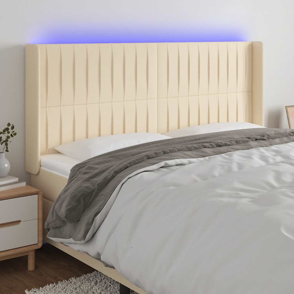 vidaXL Zagłówek do łóżka z LED, kremowy, 203x16x118/128 cm, tkanina