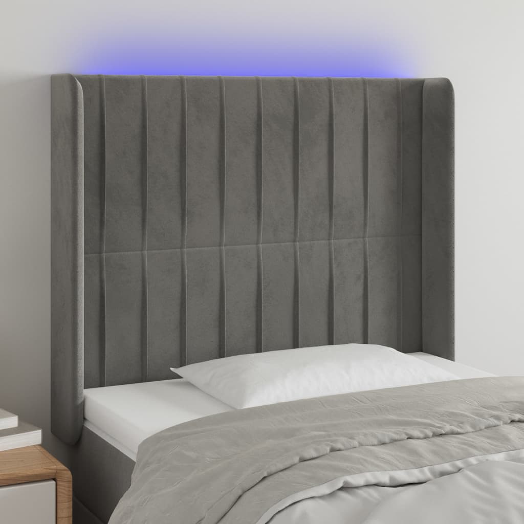vidaXL Zagłówek do łóżka z LED, jasnoszary, 93x16x118/128 cm, aksamit