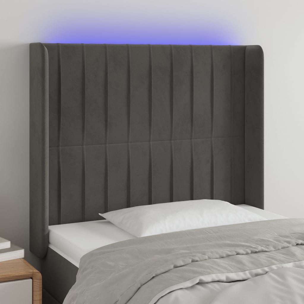 vidaXL Zagłówek do łóżka z LED, ciemnoszary, 103x16x118/128cm, aksamit