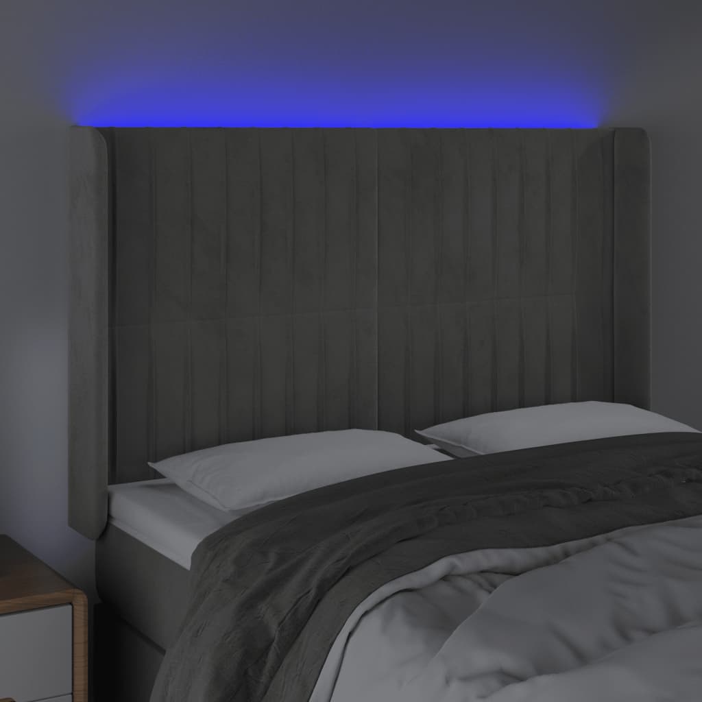 vidaXL Zagłówek do łóżka z LED, jasnoszary, 147x16x118/128 cm, aksamit