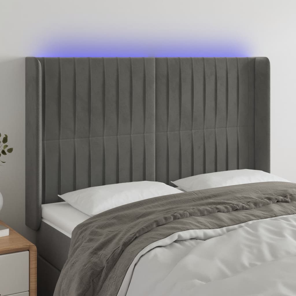 vidaXL Zagłówek do łóżka z LED, jasnoszary, 147x16x118/128 cm, aksamit