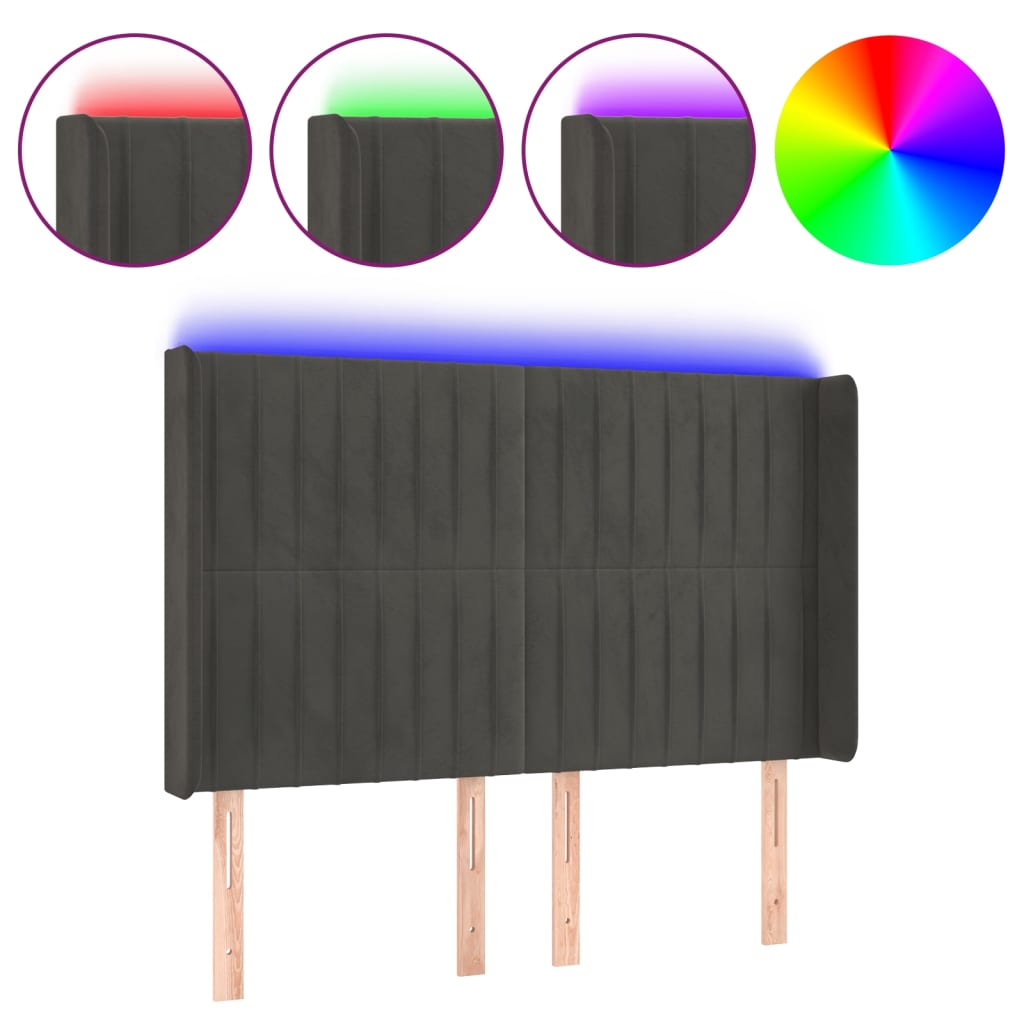 vidaXL Zagłówek do łóżka z LED, ciemnoszary, 147x16x118/128cm, aksamit