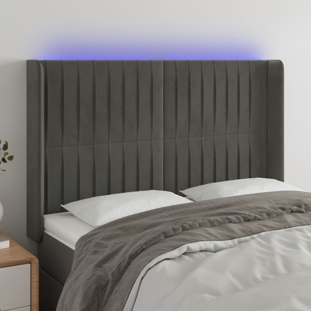vidaXL Zagłówek do łóżka z LED, ciemnoszary, 147x16x118/128cm, aksamit