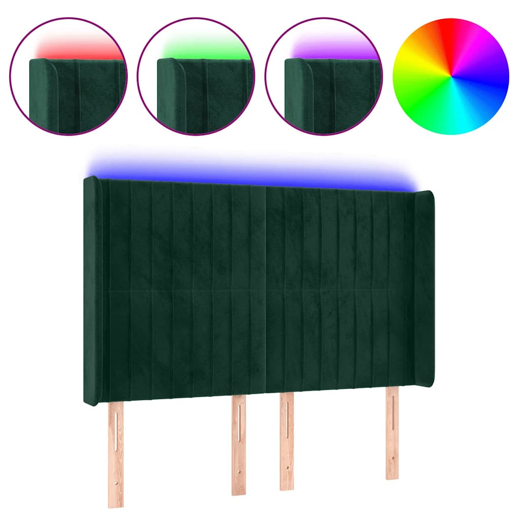 vidaXL Zagłówek do łóżka z LED, ciemnozielony 147x16x118/128cm aksamit