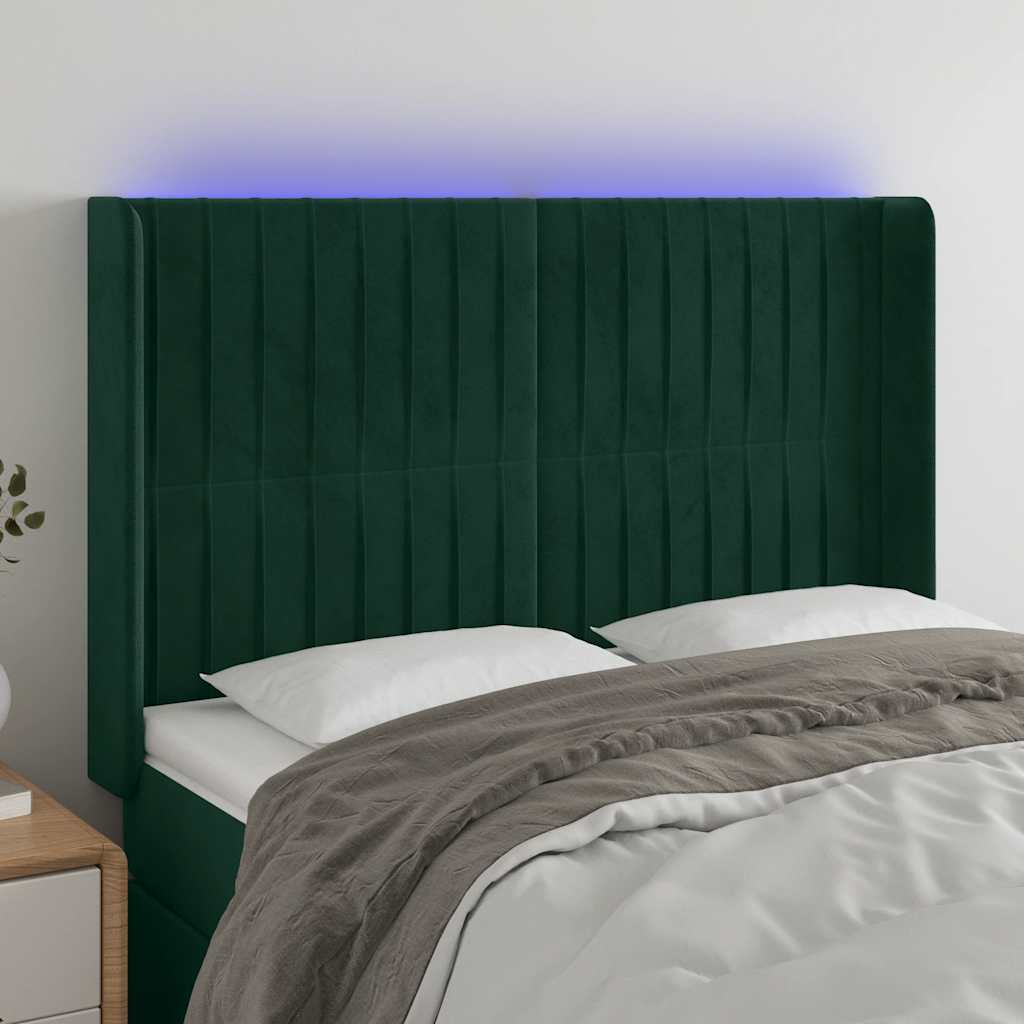 vidaXL Zagłówek do łóżka z LED, ciemnozielony 147x16x118/128cm aksamit