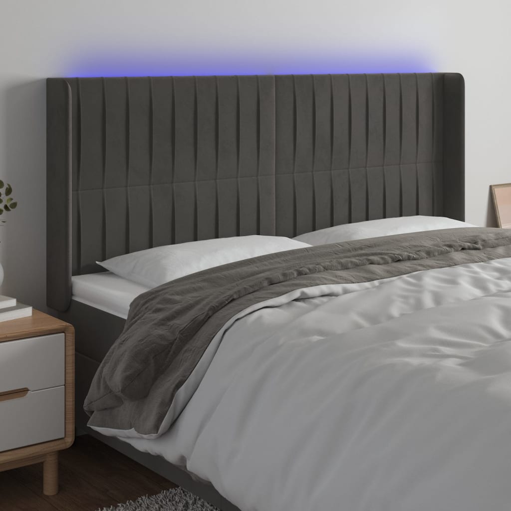 vidaXL Zagłówek do łóżka z LED, ciemnoszary, 163x16x118/128cm, aksamit
