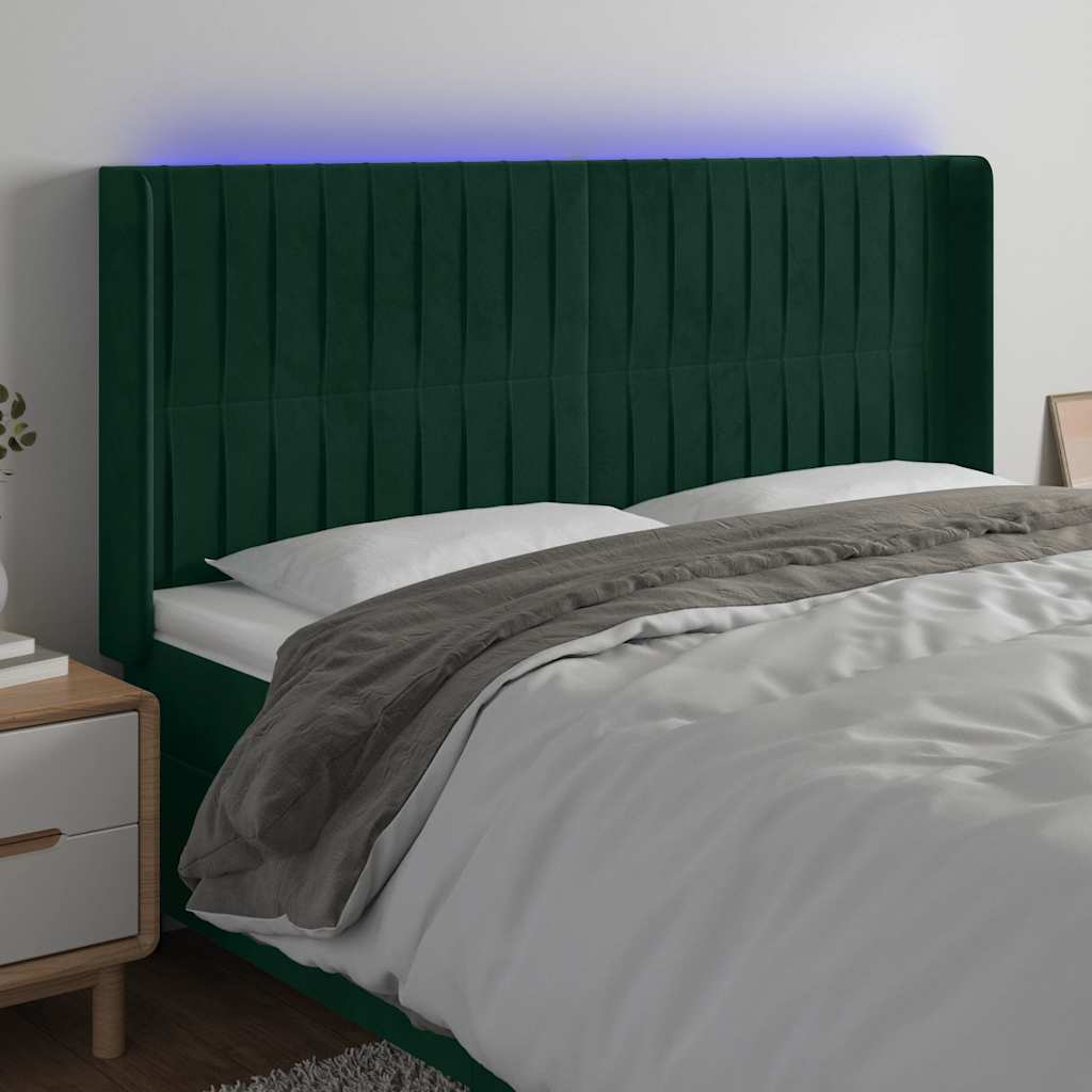 vidaXL Zagłówek do łóżka z LED, ciemnozielony 163x16x118/128cm aksamit