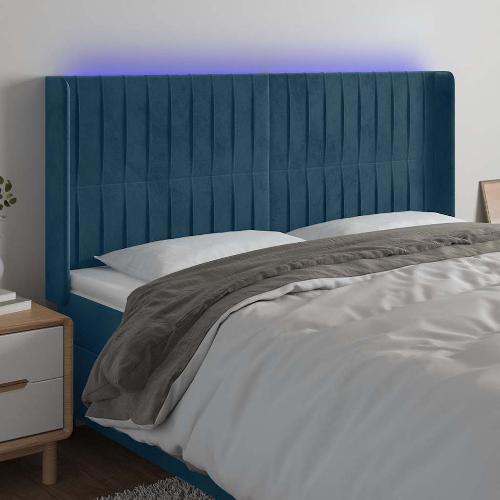 vidaXL Zagłówek do łóżka z LED ciemnoniebieski, 163x16x118/128 cm
