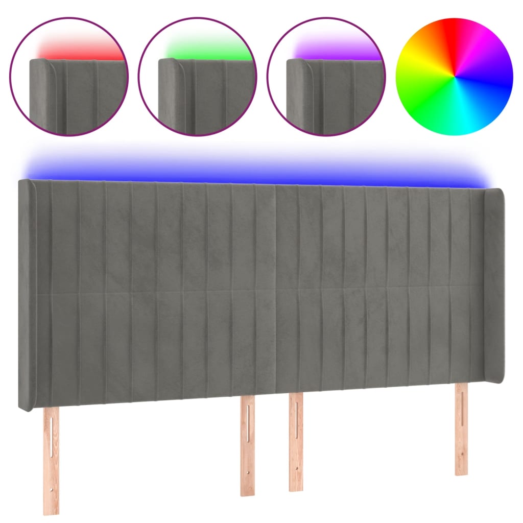 vidaXL Zagłówek do łóżka z LED, jasnoszary, 183x16x118/128 cm, aksamit