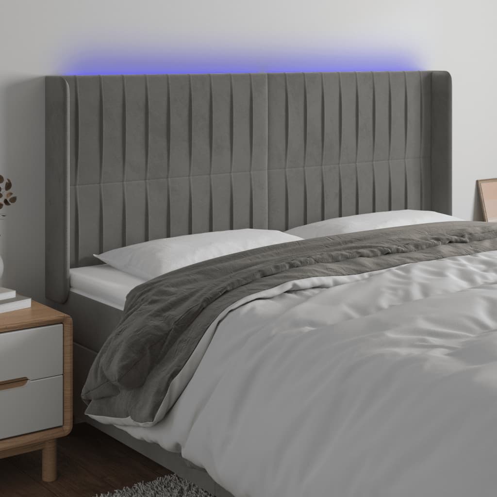 vidaXL Zagłówek do łóżka z LED, jasnoszary, 183x16x118/128 cm, aksamit