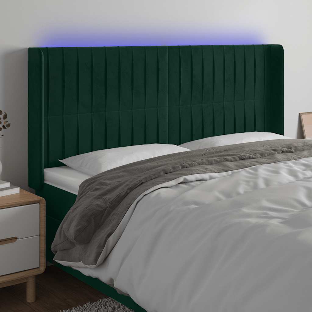 vidaXL Zagłówek do łóżka z LED, ciemnozielony 183x16x118/128cm aksamit