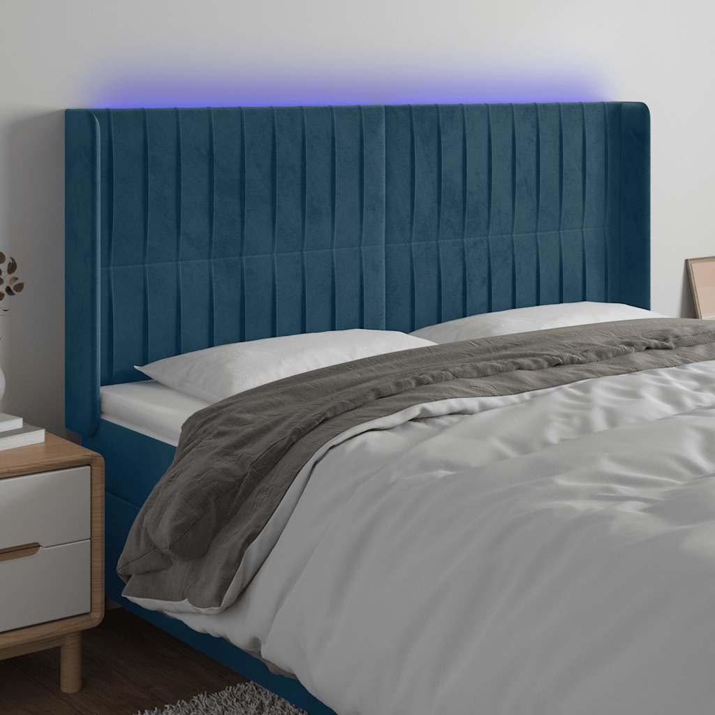 vidaXL Zagłówek do łóżka z LED ciemnoniebieski, 183x16x118/128 cm