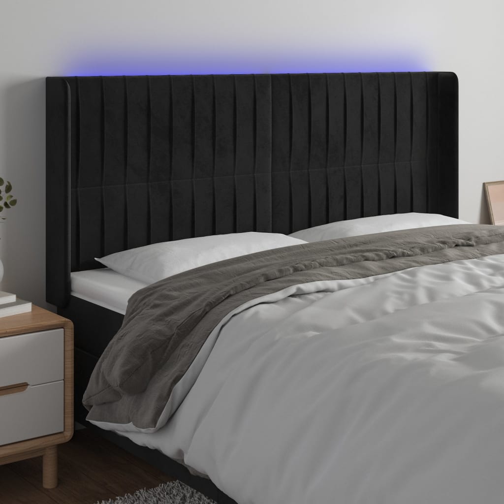 vidaXL Zagłówek do łóżka z LED, czarny, 203x16x118/128 cm, aksamit