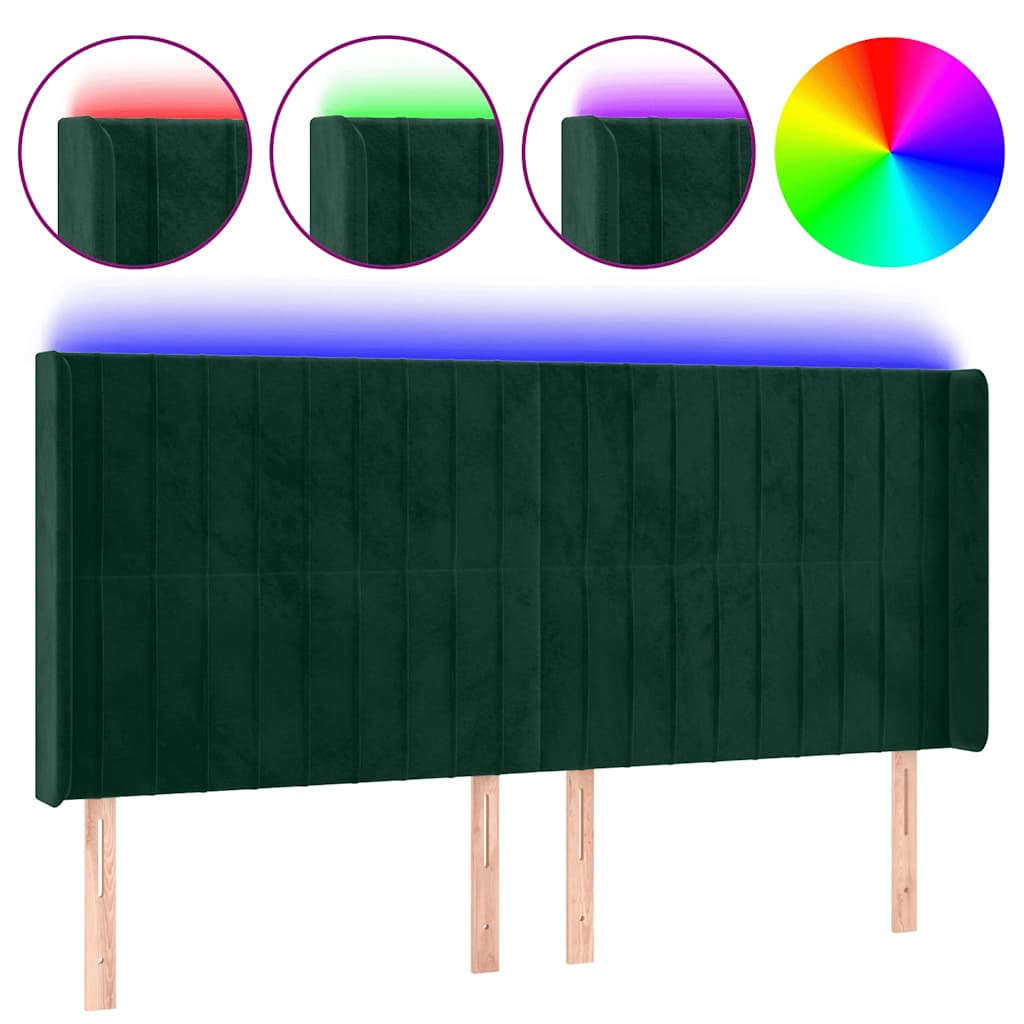 vidaXL Zagłówek do łóżka z LED, ciemnozielony 203x16x118/128cm aksamit