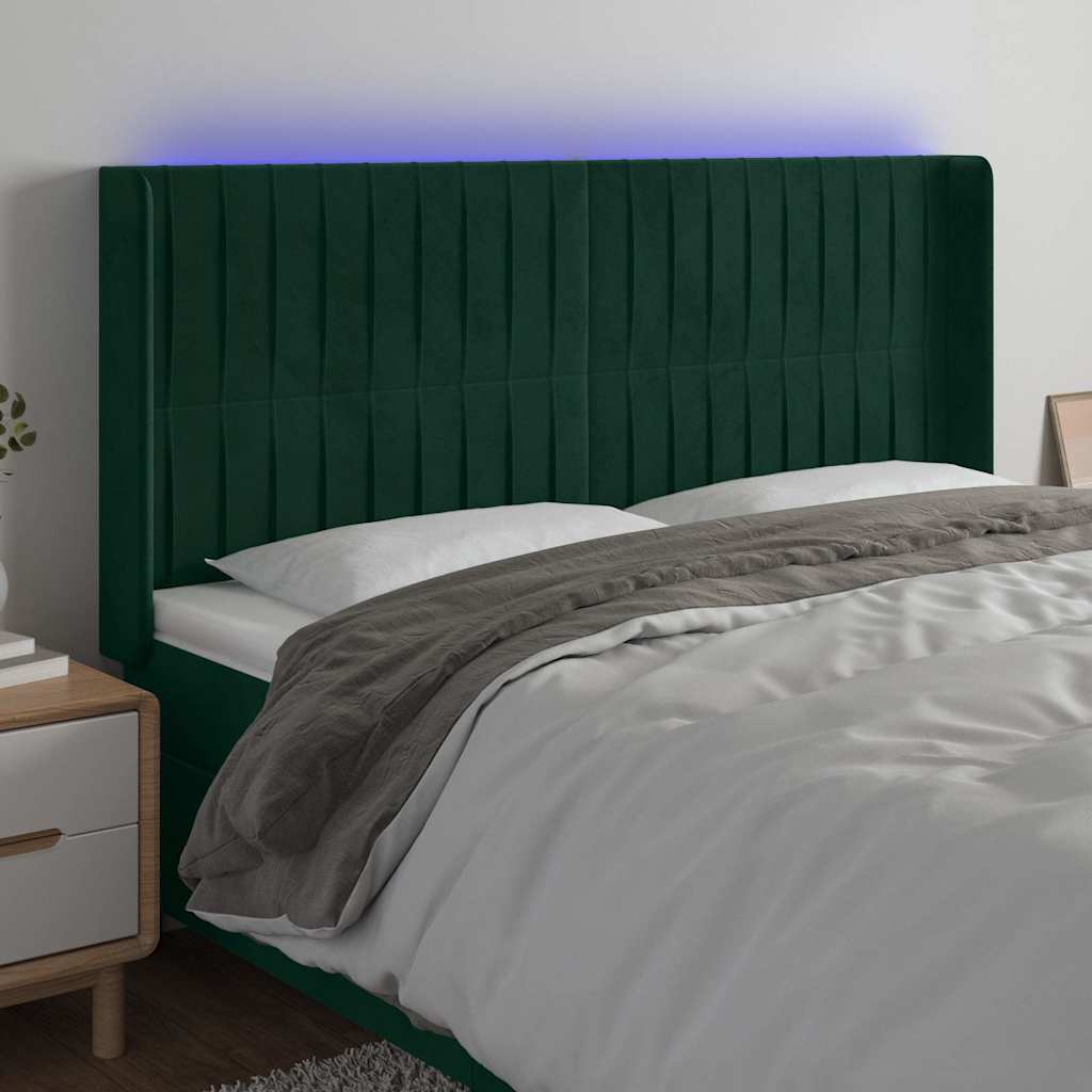 vidaXL Zagłówek do łóżka z LED, ciemnozielony 203x16x118/128cm aksamit
