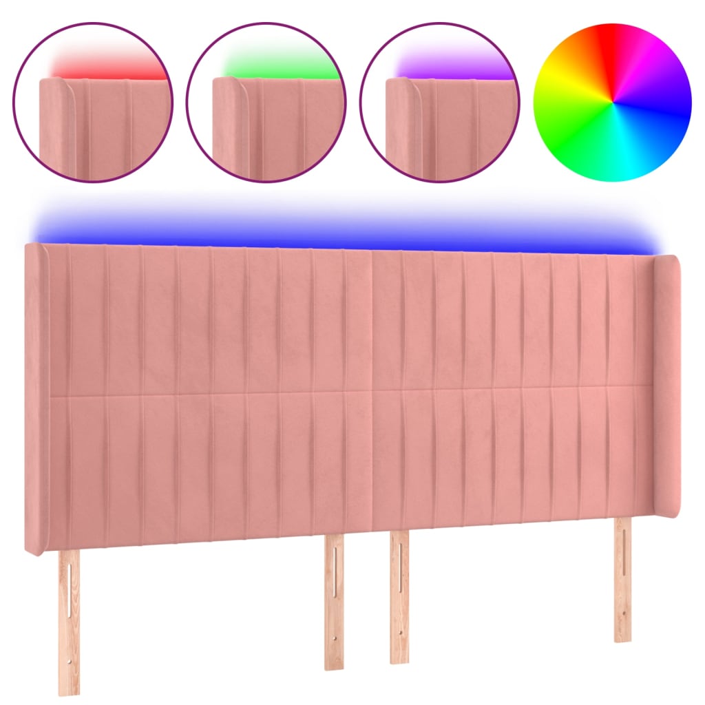 vidaXL Zagłówek do łóżka z LED, różowy, 203x16x118/128 cm, aksamit