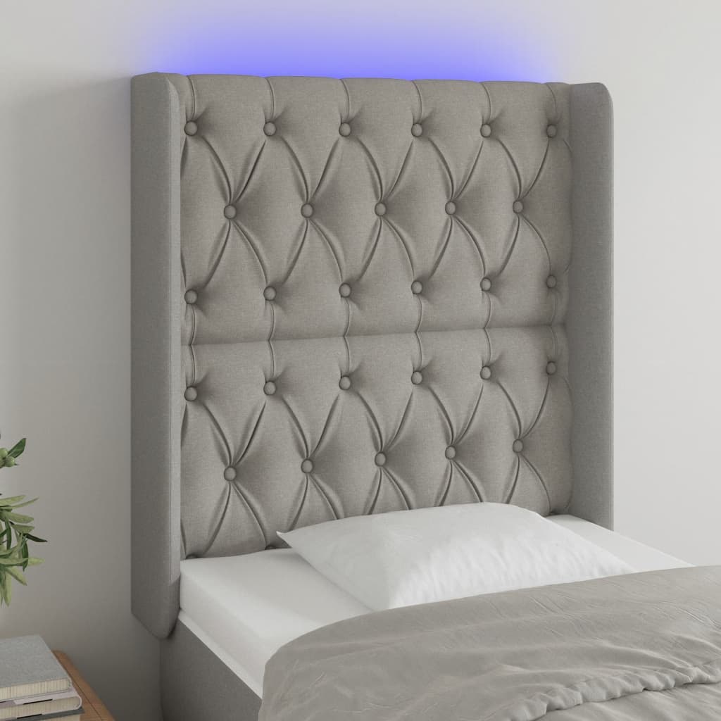 vidaXL Zagłówek do łóżka z LED, jasnoszary, 83x16x118/128 cm, tkanina