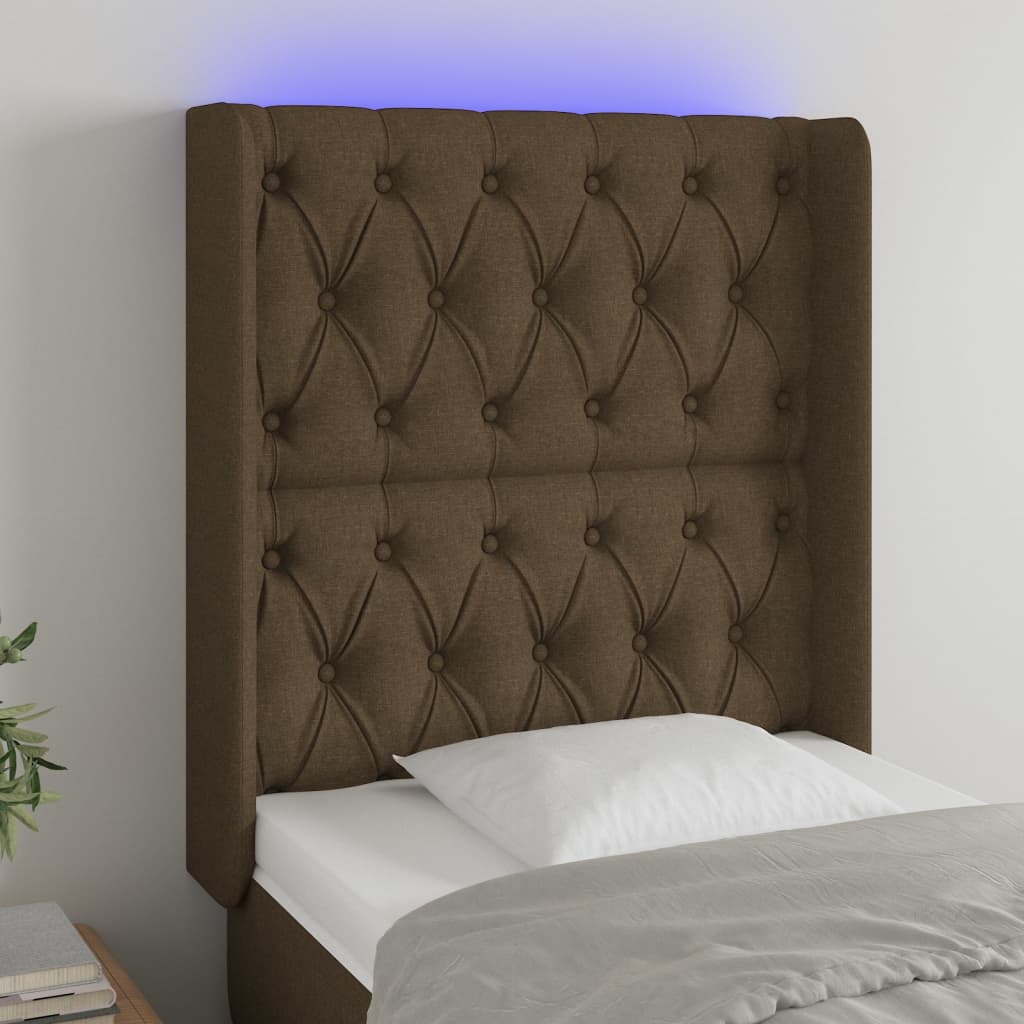 vidaXL Zagłówek do łóżka z LED ciemnobrązowy, 83x16x118/128 cm tkanina