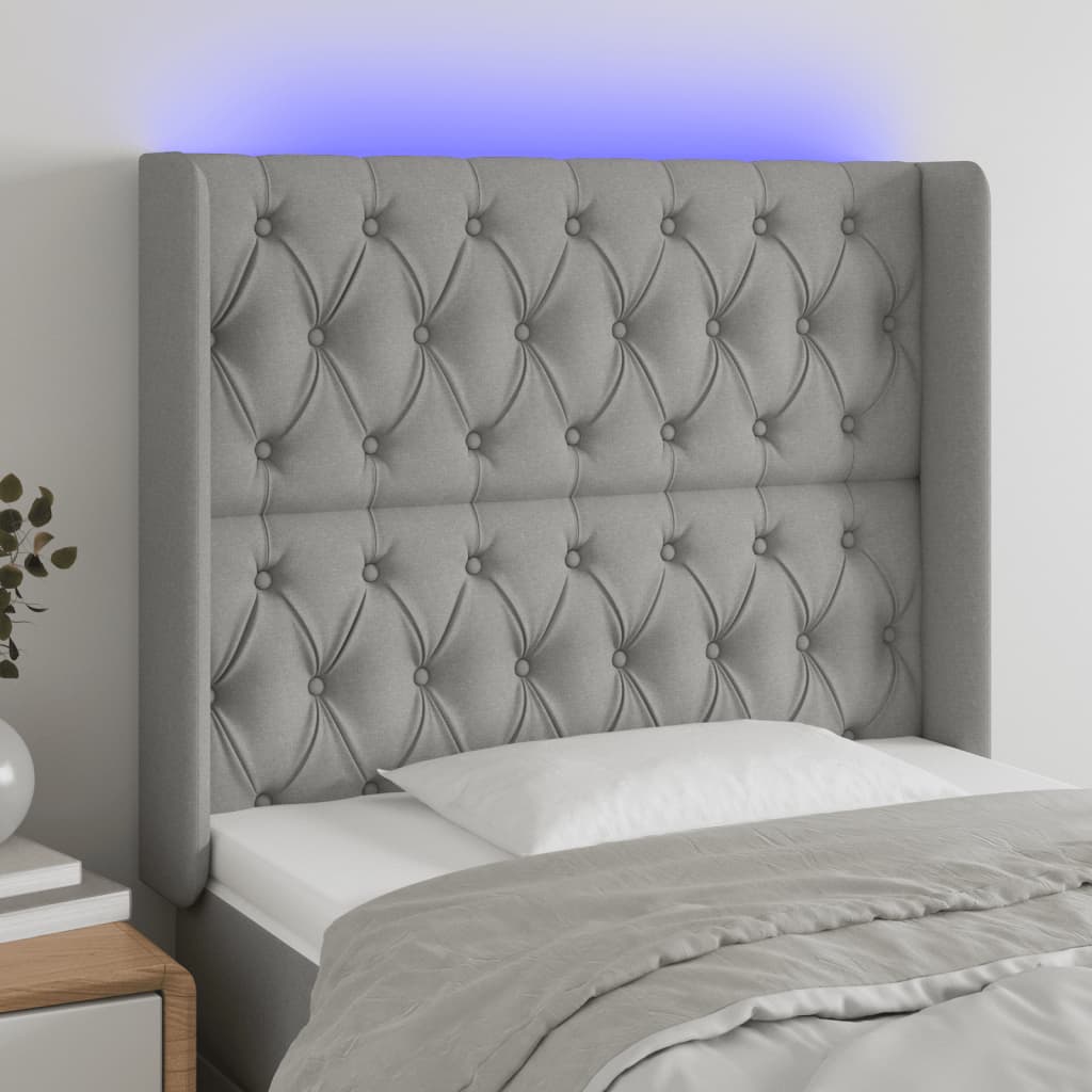vidaXL Zagłówek do łóżka z LED, jasnoszary, 93x16x118/128 cm, tkanina
