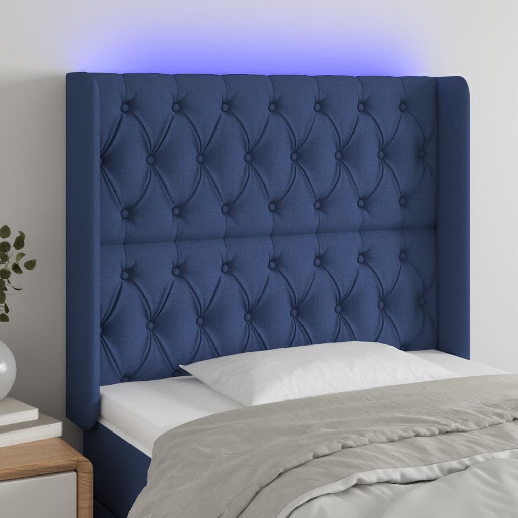 vidaXL Zagłówek do łóżka z LED, niebieski, 103x16x118/128 cm, tkanina