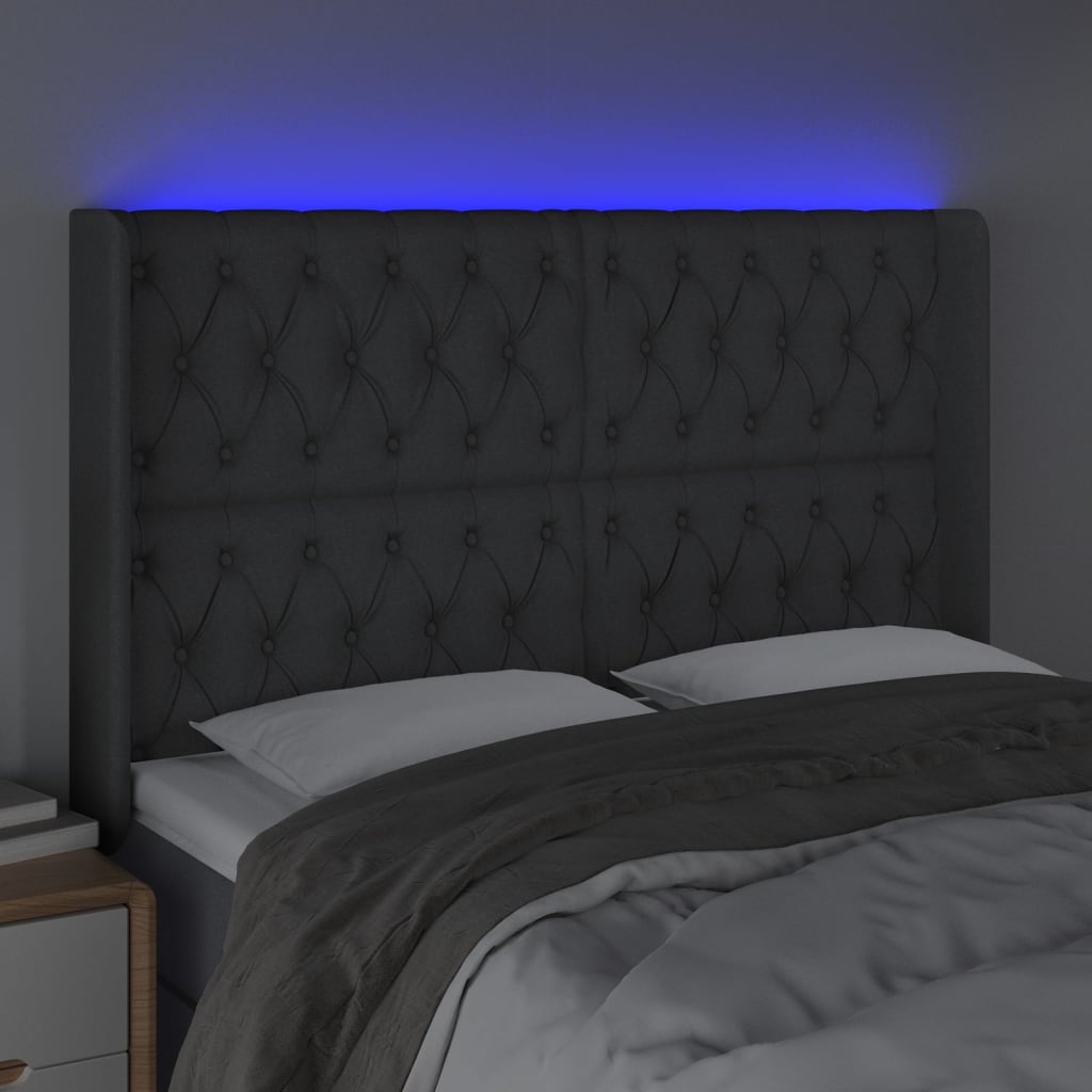 vidaXL Zagłówek do łóżka z LED, ciemnoszary, 147x16x118/128cm, tkanina