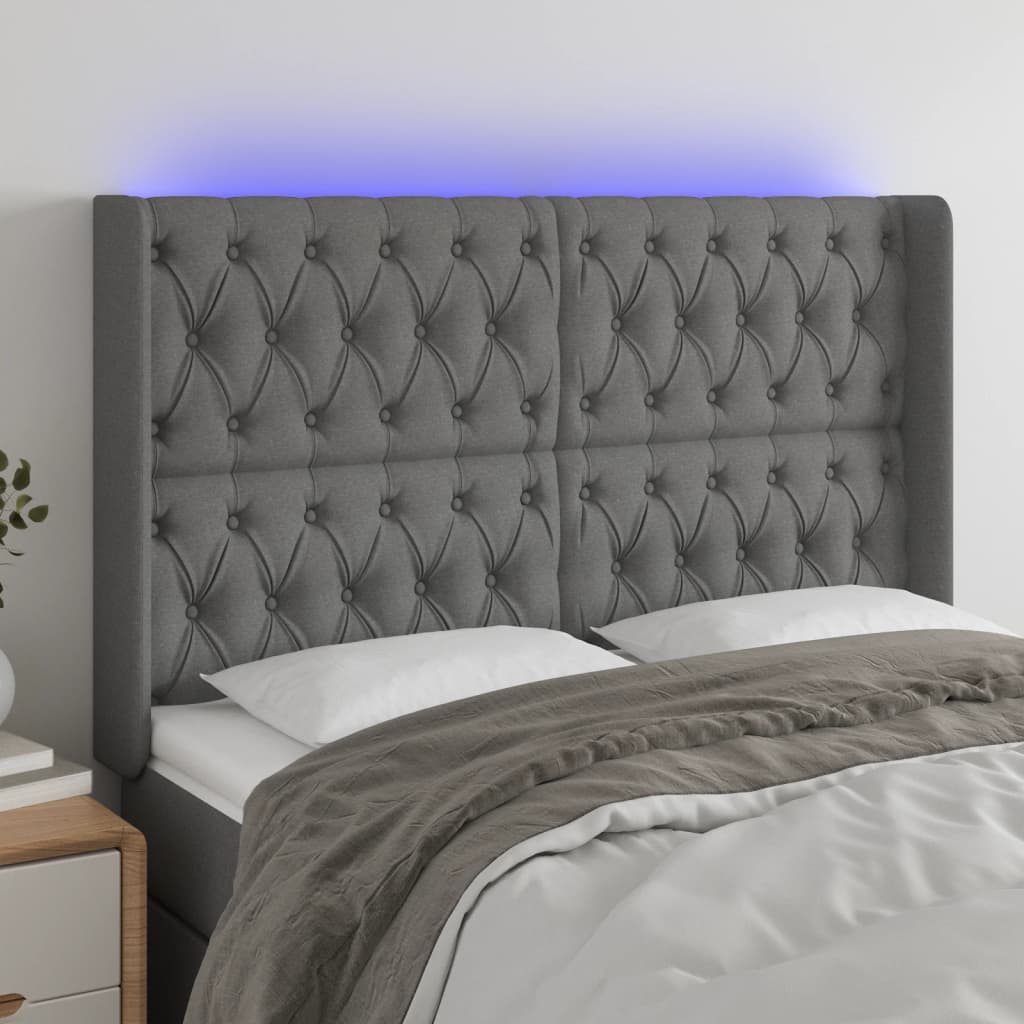 vidaXL Zagłówek do łóżka z LED, ciemnoszary, 147x16x118/128cm, tkanina