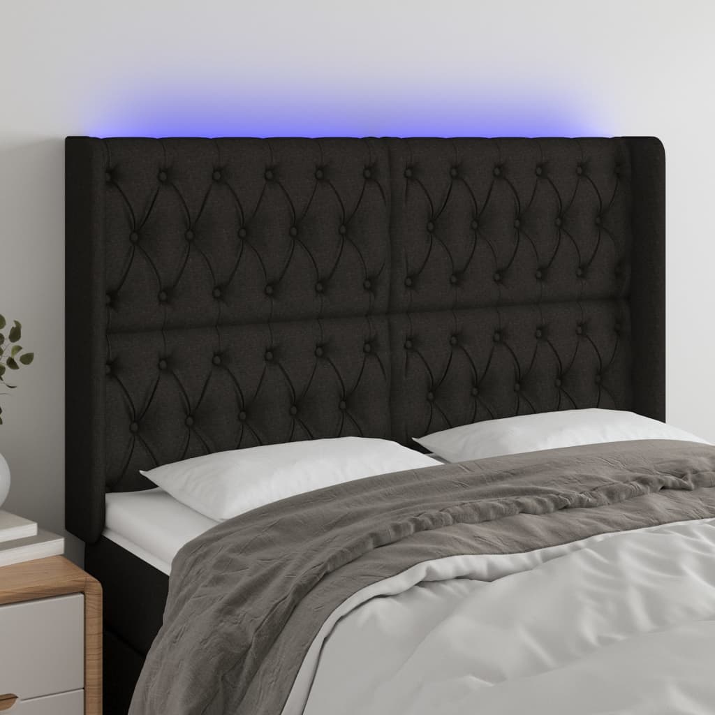 vidaXL Zagłówek do łóżka z LED, czarny, 163x16x118/128 cm, tkanina