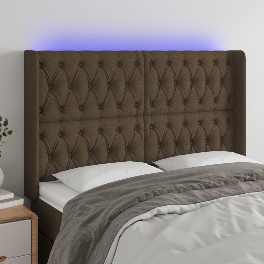 vidaXL Zagłówek do łóżka z LED ciemnobrązowy 163x16x118/128 cm tkanina