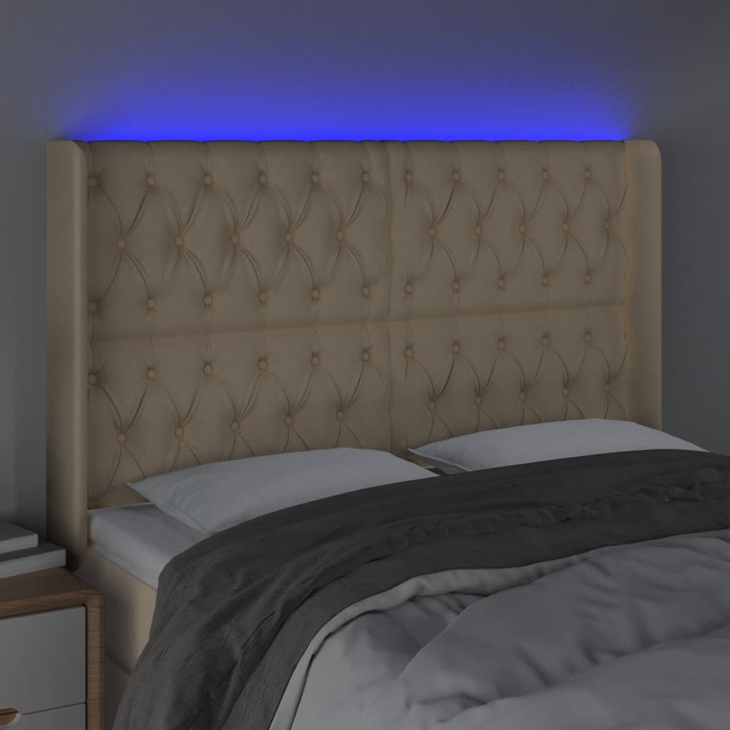 vidaXL Zagłówek do łóżka z LED, kremowy, 163x16x118/128 cm, tkanina