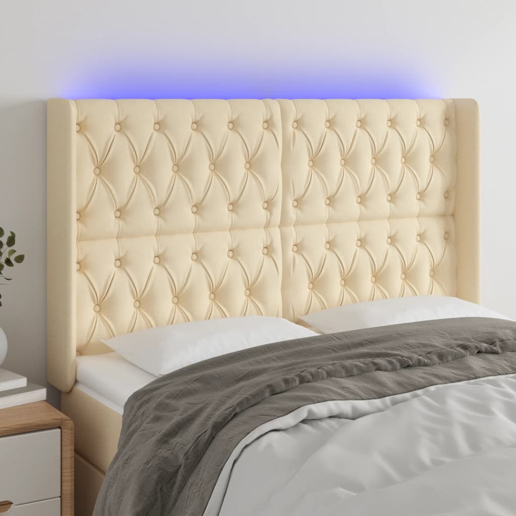 vidaXL Zagłówek do łóżka z LED, kremowy, 163x16x118/128 cm, tkanina