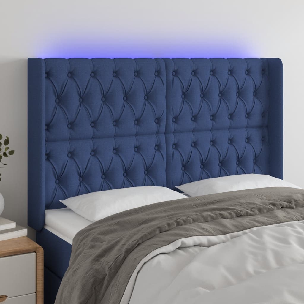 vidaXL Zagłówek do łóżka z LED, niebieski, 163x16x118/128 cm, tkanina