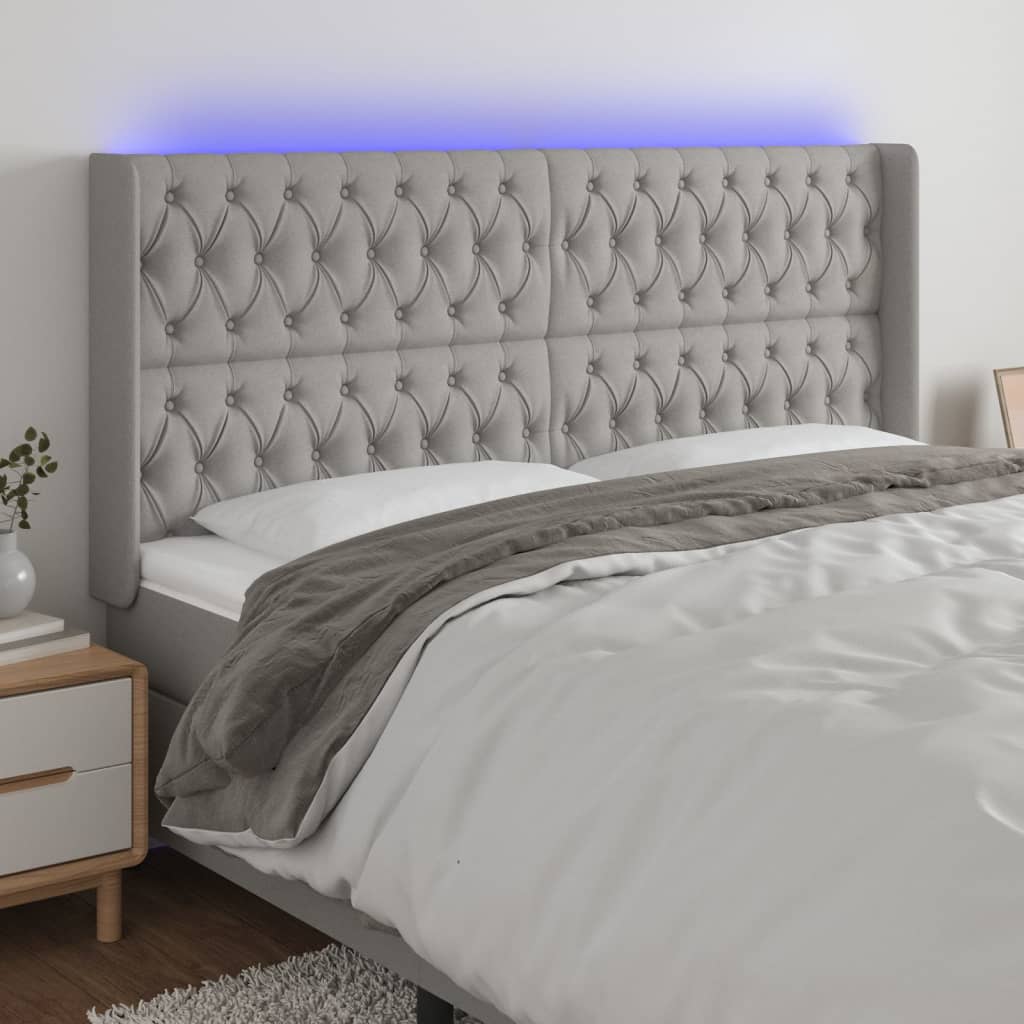 vidaXL Zagłówek do łóżka z LED, jasnoszary, 183x16x118/128 cm, tkanina