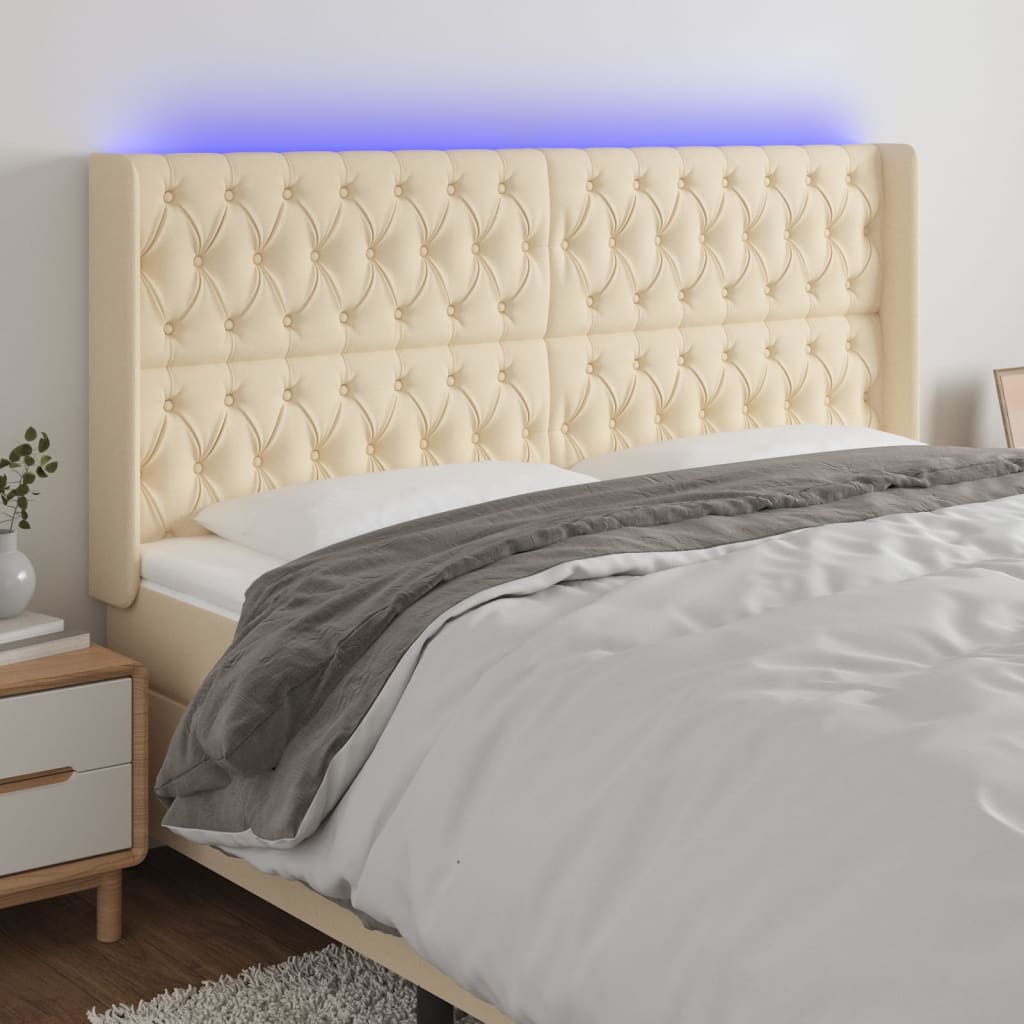 vidaXL Zagłówek do łóżka z LED, kremowy, 183x16x118/128 cm, tkanina
