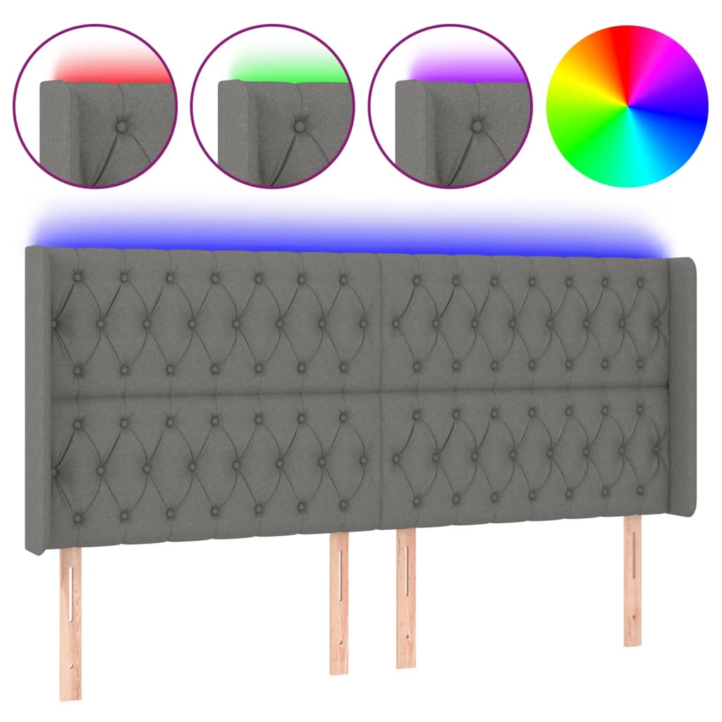 vidaXL Zagłówek do łóżka z LED, ciemnoszary, 203x16x118/128cm, tkanina
