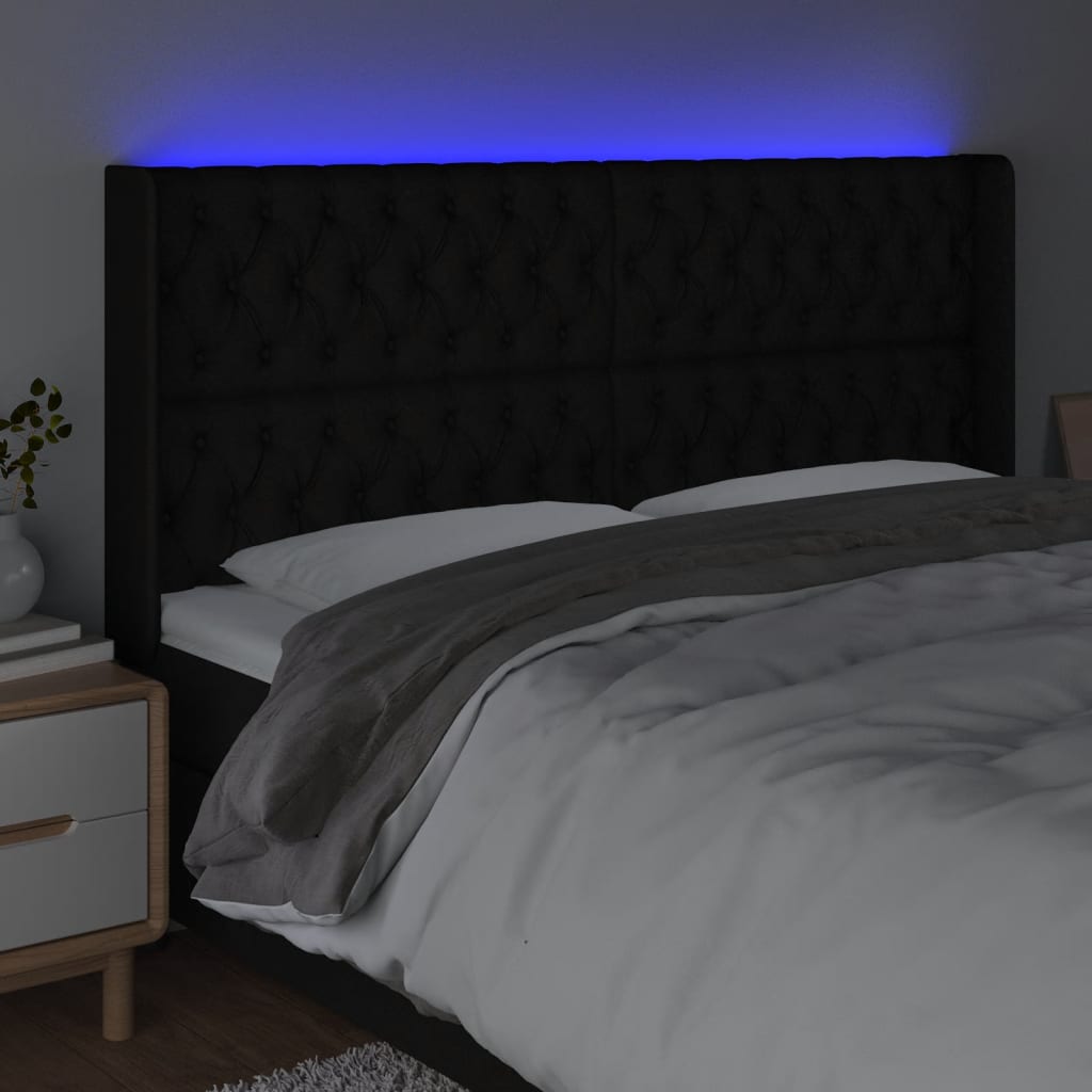 vidaXL Zagłówek do łóżka z LED, czarny, 203x16x118/128 cm, tkanina