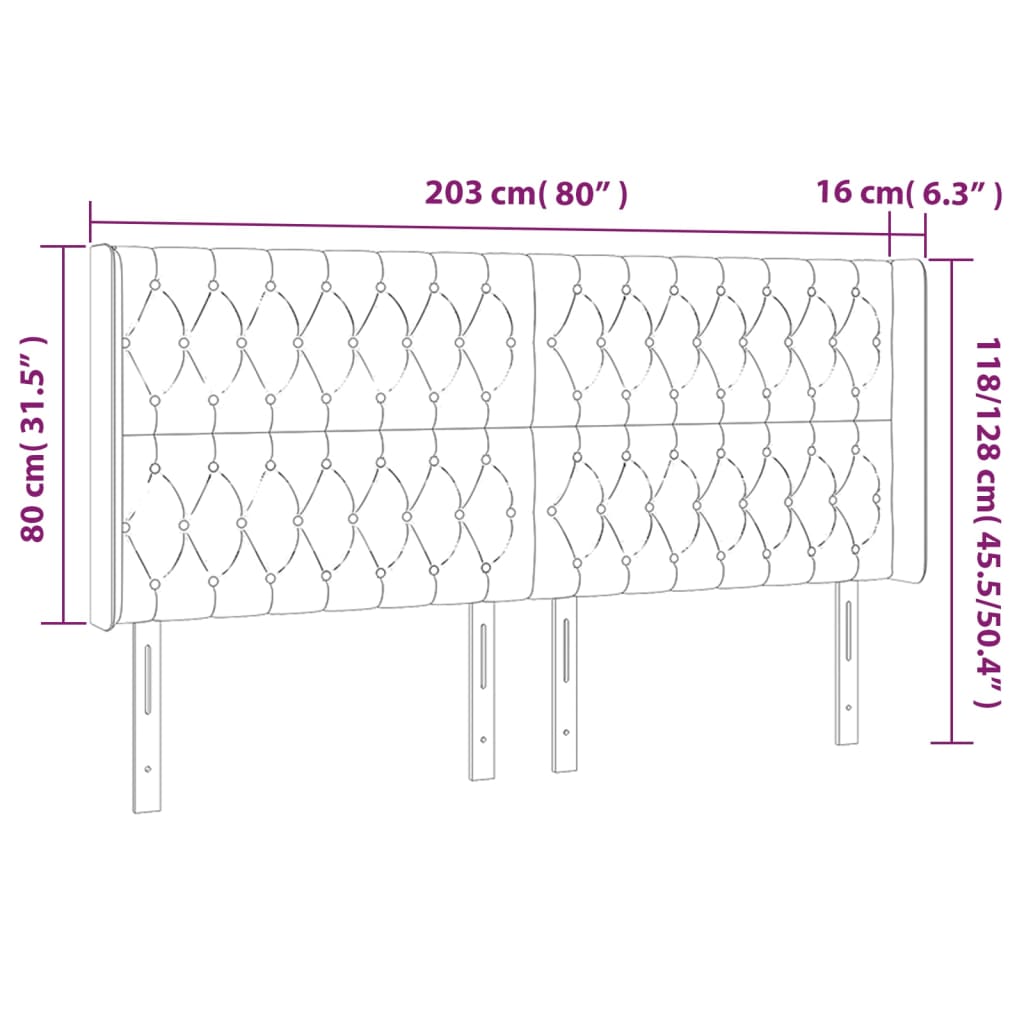 vidaXL Zagłówek do łóżka z LED, czarny, 203x16x118/128 cm, tkanina