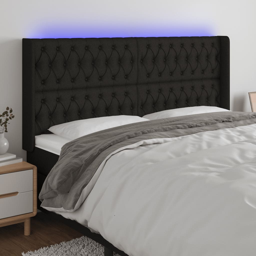 vidaXL Zagłówek do łóżka z LED, czarny, 203x16x118/128 cm, tkanina