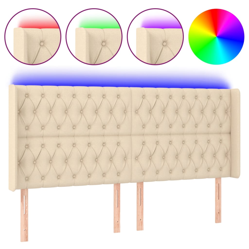 vidaXL Zagłówek do łóżka z LED, kremowy, 203x16x118/128 cm, tkanina