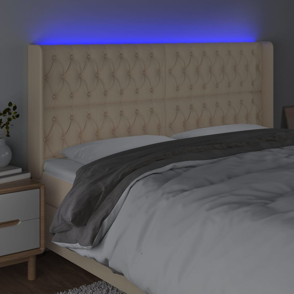 vidaXL Zagłówek do łóżka z LED, kremowy, 203x16x118/128 cm, tkanina