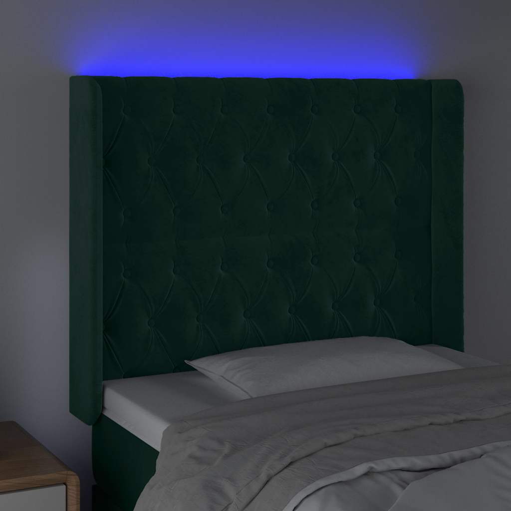 vidaXL Zagłówek do łóżka z LED, ciemnozielony 93x16x118/128 cm aksamit