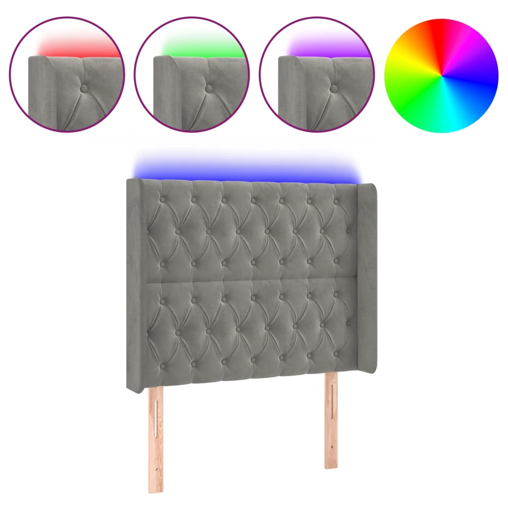 vidaXL Zagłówek do łóżka z LED, jasnoszary, 103x16x118/128 cm, aksamit
