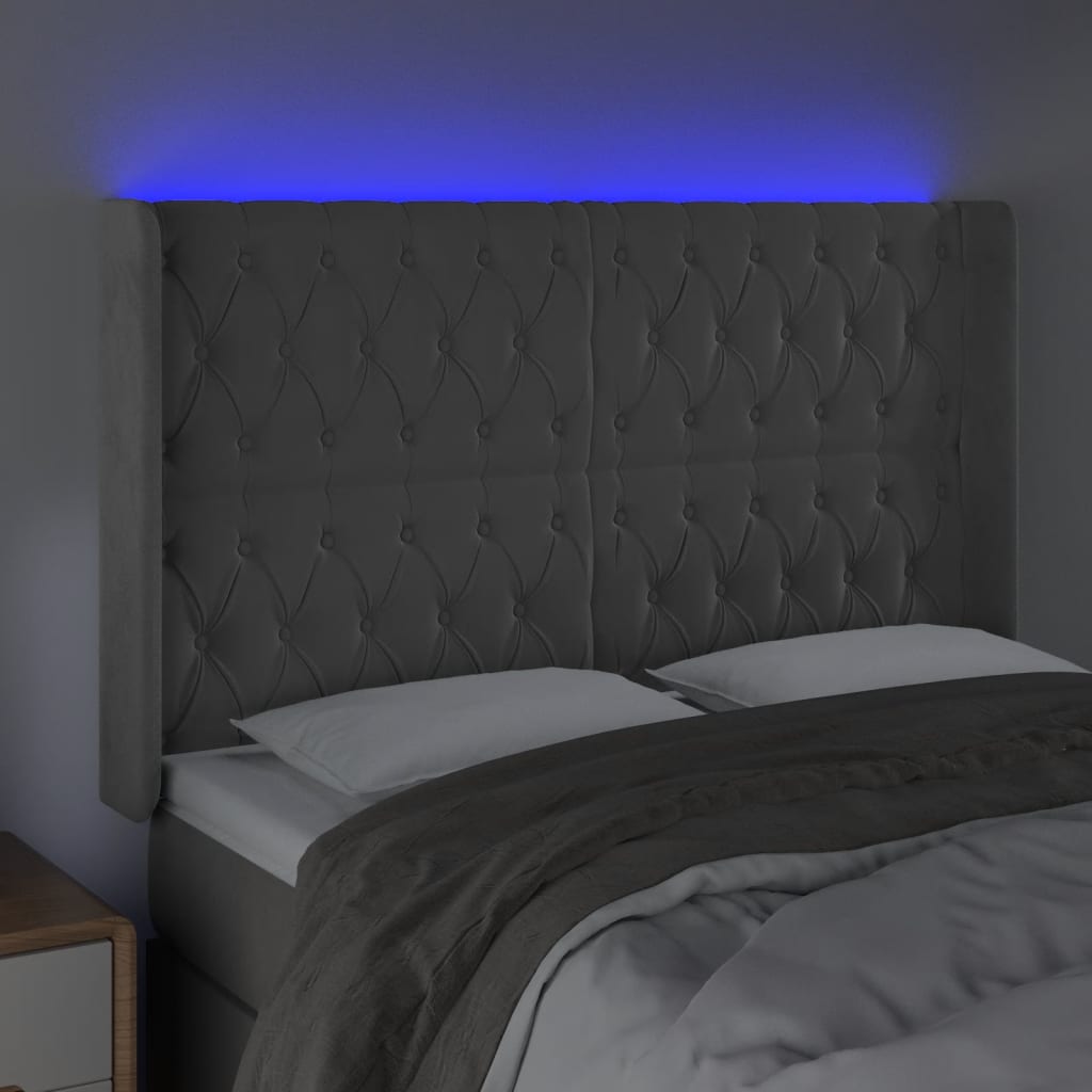 vidaXL Zagłówek do łóżka z LED, jasnoszary, 147x16x118/128 cm, aksamit