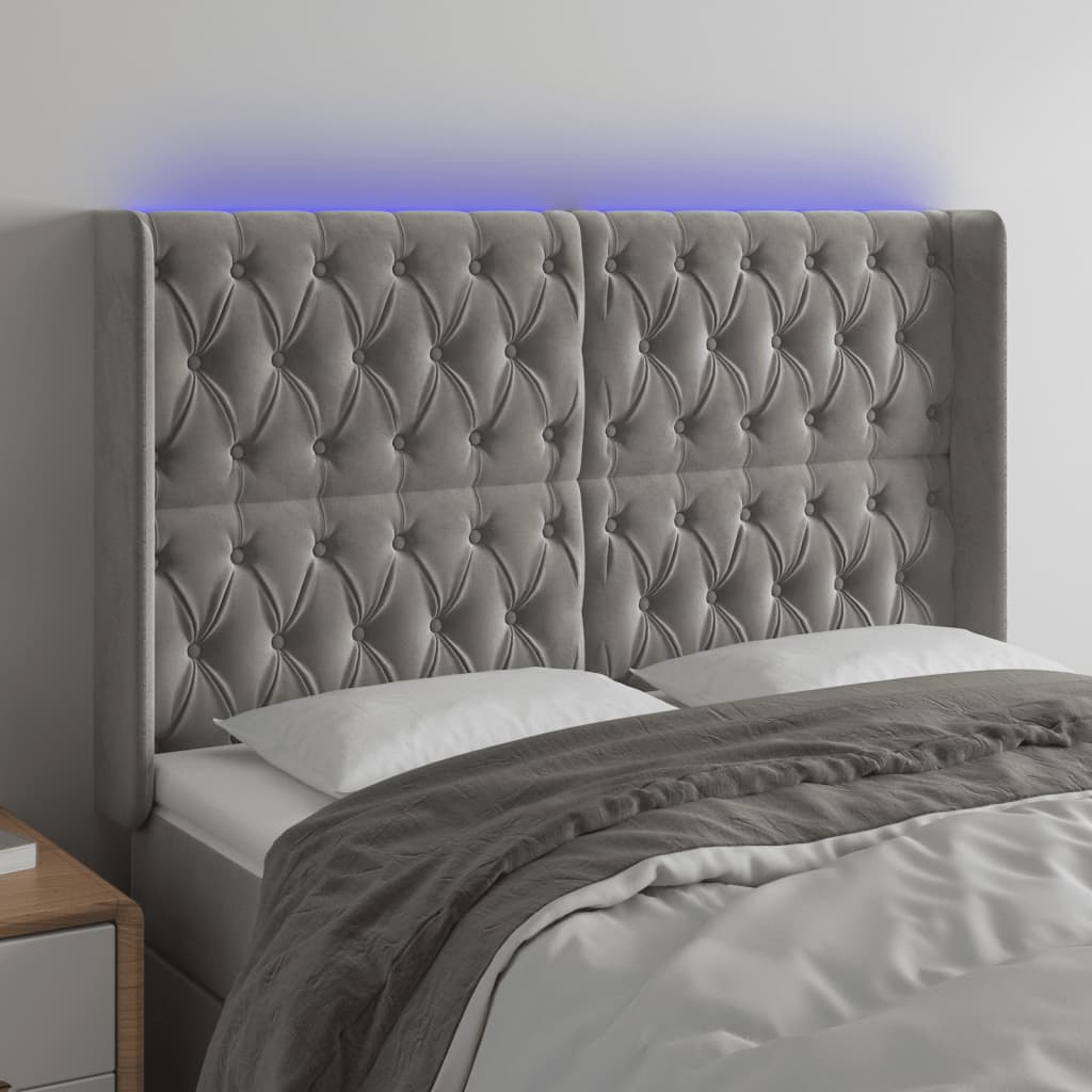 vidaXL Zagłówek do łóżka z LED, jasnoszary, 147x16x118/128 cm, aksamit