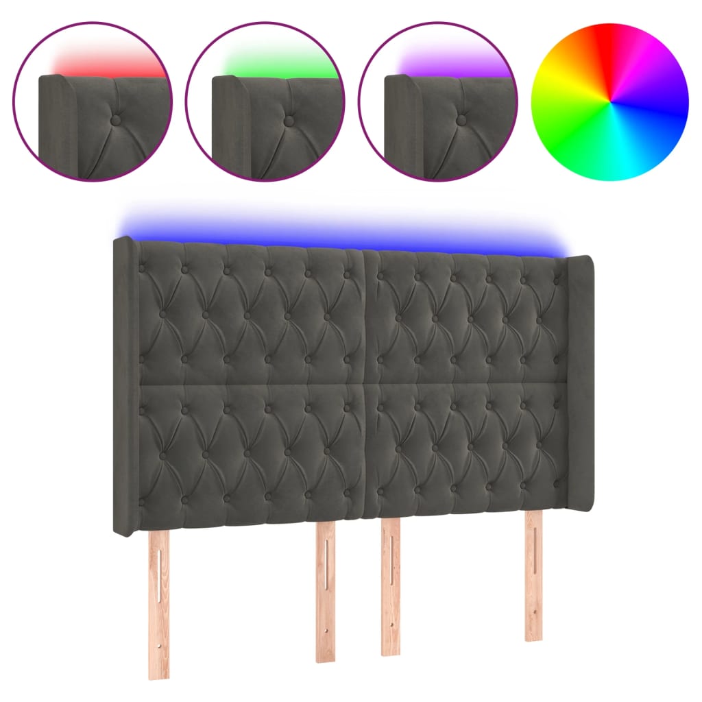 vidaXL Zagłówek do łóżka z LED, ciemnoszary, 147x16x118/128cm, aksamit