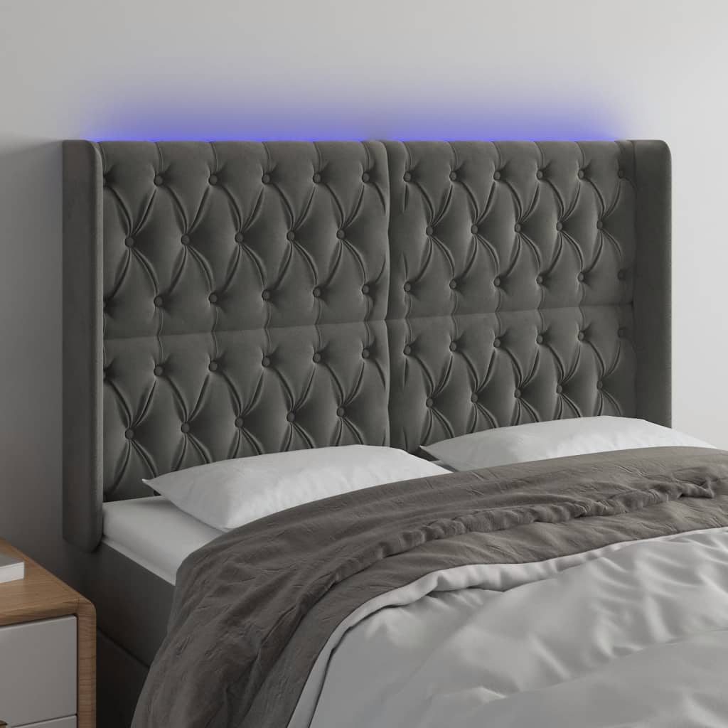 vidaXL Zagłówek do łóżka z LED, ciemnoszary, 147x16x118/128cm, aksamit
