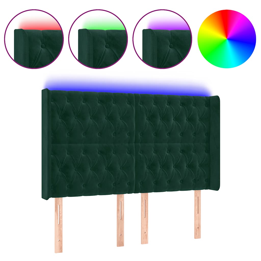 vidaXL Zagłówek do łóżka z LED, ciemnozielony 147x16x118/128cm aksamit