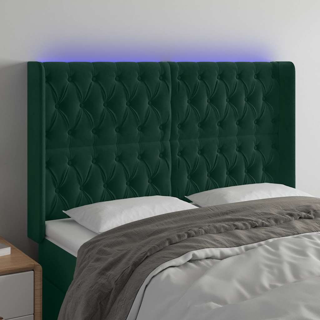 vidaXL Zagłówek do łóżka z LED, ciemnozielony 147x16x118/128cm aksamit