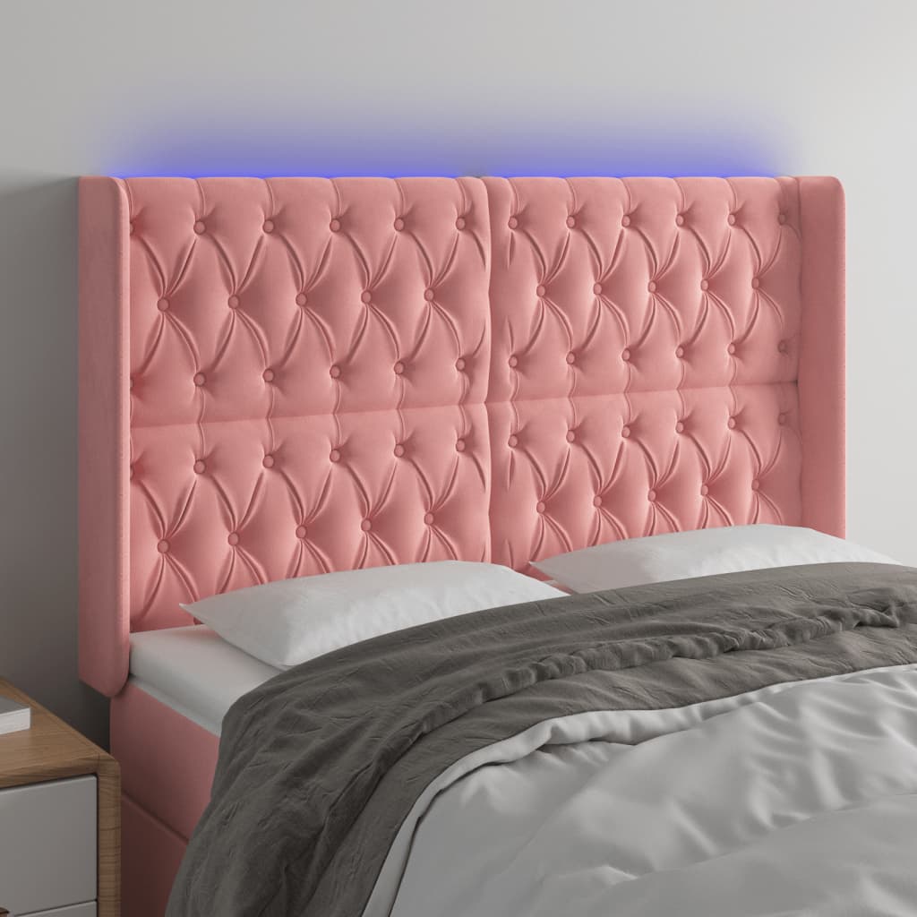 vidaXL Zagłówek do łóżka z LED, różowy, 147x16x118/128 cm, aksamit